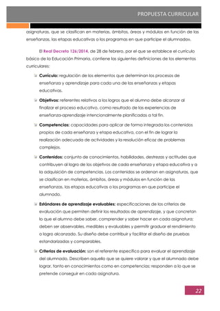 PROPUESTA CURRICULAR
22
asignaturas, que se clasifican en materias, ámbitos, áreas y módulos en función de las
enseñanzas, las etapas educativas o los programas en que participe el alumnado››.
El Real Decreto 126/2014, de 28 de febrero, por el que se establece el currículo
básico de la Educación Primaria, contiene las siguientes definiciones de los elementos
curriculares:
Currículo: regulación de los elementos que determinan los procesos de
enseñanza y aprendizaje para cada una de las enseñanzas y etapas
educativas.
Objetivos: referentes relativos a los logros que el alumno debe alcanzar al
finalizar el proceso educativo, como resultado de las experiencias de
enseñanza-aprendizaje intencionalmente planificadas a tal fin.
Competencias: capacidades para aplicar de forma integrada los contenidos
propios de cada enseñanza y etapa educativa, con el fin de lograr la
realización adecuada de actividades y la resolución eficaz de problemas
complejos.
Contenidos: conjunto de conocimientos, habilidades, destrezas y actitudes que
contribuyen al logro de los objetivos de cada enseñanza y etapa educativa y a
la adquisición de competencias. Los contenidos se ordenan en asignaturas, que
se clasifican en materias, ámbitos, áreas y módulos en función de las
enseñanzas, las etapas educativas o los programas en que participe el
alumnado.
Estándares de aprendizaje evaluables: especificaciones de los criterios de
evaluación que permiten definir los resultados de aprendizaje, y que concretan
lo que el alumno debe saber, comprender y saber hacer en cada asignatura;
deben ser observables, medibles y evaluables y permitir graduar el rendimiento
o logro alcanzado. Su diseño debe contribuir y facilitar el diseño de pruebas
estandarizadas y comparables.
Criterios de evaluación: son el referente específico para evaluar el aprendizaje
del alumnado. Describen aquello que se quiere valorar y que el alumnado debe
lograr, tanto en conocimientos como en competencias; responden a lo que se
pretende conseguir en cada asignatura.
 