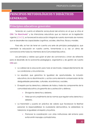 PROPUESTA CURRICULAR
32
PRINCIPIOS METODOLÓGICOS Y DIDÁCTICOS
GENERALES.
Principios educativos generales
Teniendo en cuenta el referente sociocultural del entorno en el que se sitúa el
CRA “La Manchuela” y las intenciones educativas que se marcan en la legislación
vigente (LOMCE), se favorecerá la educación integral de nuestro alumnado de manera
que se desarrollen las capacidades cognitivas, sociales, afectivas, físicas y morales.
Para ello, se han de tener en cuenta una serie de principios pedagógicos, que
orientarán la educación en nuestro centro, fomentando a su vez un clima de
convivencia entre todos los miembros de la Comunidad Educativa.
Los principios y valores que guían el plan de convivencia y sirven de referente
para el desarrollo de la autonomía pedagógica, organizativa y de gestión de nuestro
CRA son:
La calidad de la educación para todo el alumnado, independientemente de
sus condiciones y circunstancias.
La equidad, que garantice la igualdad de oportunidades, la inclusión
educativa y la no discriminación, y actúe como elemento compensador de las
desigualdades personales, culturales, económicas y sociales.
El respeto por los derechos y deberes de todas y todos los componentes de la
comunidad educativa y la garantía de su protección y defensa.
Divulgar los derechos y deberes.
Velar por el cumplimiento de las normas que regulan estos derechos y
deberes.
La transmisión y puesta en práctica de valores que favorezcan la libertad
personal, la responsabilidad, la ciudadanía democrática, la solidaridad, la
tolerancia, la igualdad, el respeto y la justicia.
Promover la coordinación con otras instituciones del entorno para
evitar emitir mensajes contradictorios.
 