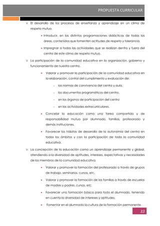 PROPUESTA CURRICULAR
33
El desarrollo de los procesos de enseñanza y aprendizaje en un clima de
respeto mutuo.
Introducir, en las distintas programaciones didácticas de todas las
áreas, contenidos que fomenten actitudes de respeto y tolerancia.
Impregnar a todas las actividades que se realizan dentro y fuera del
centro de este clima de respeto mutuo.
La participación de la comunidad educativa en la organización, gobierno y
funcionamiento de nuestro centro.
Valorar y promover la participación de la comunidad educativa en
la elaboración, control del cumplimiento y evaluación de:
- las normas de convivencia del centro y aula,
- los documentos programáticos del centro,
- en los órganos de participación del centro
- en las actividades extracurriculares.
Concebir la educación como una tarea compartida y de
responsabilidad mutua por alumnado, familias, profesorado y
demás instituciones.
Favorecer los hábitos de desarrollo de la autonomía del centro en
todos los ámbitos y con la participación de toda la comunidad
educativa.
La concepción de la educación como un aprendizaje permanente y global,
atendiendo a la diversidad de aptitudes, intereses, expectativas y necesidades
de los miembros de la comunidad educativa.
Valorar y promover la formación del profesorado a través de grupos
de trabajo, seminarios, cursos, etc.
Valorar y promover la formación de las familias a través de escuelas
de madres y padres, cursos, etc.
Favorecer una formación básica para todo el alumnado, teniendo
en cuenta la diversidad de intereses y aptitudes.
Fomentar en el alumnado la cultura de la formación permanente.
 