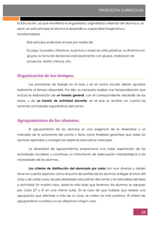 PROPUESTA CURRICULAR
38
la Educación, ya que manifiesta la singularidad, originalidad y libertad del alumno-a, es
decir, en este principio el alumno-a desarrolla su capacidad imaginativa y
transformadora.
Este principio es llevado al aula por medio de:
El juego, la poesía y literatura, la pintura y todas las artes plásticas, la dinámica en
grupos, la toma de decisiones individualmente o en grupos, realización de
proyectos, teatro, mímica, etc.
Organización de los tiempos.
Las previsiones de trabajo en el aula y en el centro escolar deben ajustarse
realmente al tiempo disponible. Por ello, es necesario realizar una temporalización que
incluya la elaboración de un horario general, con el correspondiente desarrollo de las
áreas, y de un horario de actividad docente, en el que se tendrán en cuenta las
restantes actividades organizativas del centro.
Agrupamientos de los alumnos.
El agrupamiento de los alumnos es una exigencia de la diversidad y un
indicador de la autonomía del centro y tiene como finalidad garantizar que todos los
alumnos aprendan y consigan los objetivos educativos marcados.
La diversidad de agrupamientos proporciona una mejor explotación de las
actividades escolares y constituye un instrumento de adecuación metodológica a las
necesidades de los alumnos.
Los criterios de distribución del alumnado por aulas son muy diversos y deben
tener en cuenta aspectos como el punto de partida de los alumnos al llegar al inicio del
ciclo y de cada curso, las peculiaridades educativas del centro y la naturaleza del área
o actividad. En nuestro caso, dada la ratio baja que tenemos, los alumnos se agrupan
por ciclos (5º y 6º en una misma aula). En el caso de que hubiese que realizar una
agrupación que afectase a más de un ciclo, se unirían los más próximos. El criterio de
agrupamiento numérico no se utilizará en ningún caso.
 