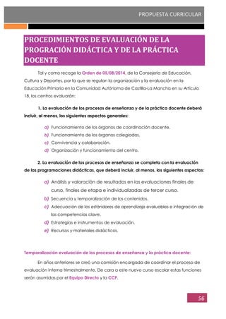 PROPUESTA CURRICULAR
56
PROCEDIMIENTOS DE EVALUACIÓN DE LA
PROGRACIÓN DIDÁCTICA Y DE LA PRÁCTICA
DOCENTE
Tal y como recoge la Orden de 05/08/2014, de la Consejería de Educación,
Cultura y Deportes, por la que se regulan la organización y la evaluación en la
Educación Primaria en la Comunidad Autónoma de Castilla-La Mancha en su Artículo
18, los centros evaluarán:
1. La evaluación de los procesos de enseñanza y de la práctica docente deberá
incluir, al menos, los siguientes aspectos generales:
a) Funcionamiento de los órganos de coordinación docente.
b) Funcionamiento de los órganos colegiados.
c) Convivencia y colaboración.
d) Organización y funcionamiento del centro.
2. La evaluación de los procesos de enseñanza se completa con la evaluación
de las programaciones didácticas, que deberá incluir, al menos, los siguientes aspectos:
a) Análisis y valoración de resultados en las evaluaciones finales de
curso, finales de etapa e individualizadas de tercer curso.
b) Secuencia y temporalización de los contenidos.
c) Adecuación de los estándares de aprendizaje evaluables e integración de
las competencias clave.
d) Estrategias e instrumentos de evaluación.
e) Recursos y materiales didácticos.
Temporalización evaluación de los procesos de enseñanza y la práctica docente:
En años anteriores se creó una comisión encargada de coordinar el proceso de
evaluación interna trimestralmente. De cara a este nuevo curso escolar estas funciones
serán asumidas por el Equipo Directo y la CCP.
 