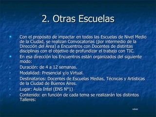 2. Otras Escuelas Con el propósito de impactar en todas las Escuelas de Nivel Medio de la Ciudad, se realizan Convocatorias (por intermedio de la Dirección del Área) a Encuentros con Docentes de distintas disciplinas con el objetivo de profundizar el trabajo con TIC.  En esa dirección los Encuentros están organizados del siguiente modo: Duración: de 4 a 12 semanas. Modalidad: Presencial y/o Virtual. Destinatarios: Docentes de Escuelas Medias, Técnicas y Artísticas de la Ciudad de Buenos Aires. Lugar: Aula Intel (ENS N°1) Contenido: en función de cada tema se realizarán los distintos Talleres: volver 