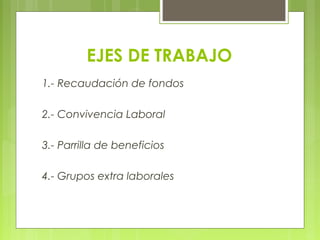 EJES DE TRABAJO
1.- Recaudación de fondos
2.- Convivencia Laboral
3.- Parrilla de beneficios
4.- Grupos extra laborales
 