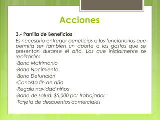 Acciones
3.- Parrilla de Beneficios
Es necesario entregar beneficios a los funcionarios que
permita ser también un aporte a los gastos que se
presentan durante el año. Los que inicialmente se
realizarán:
-Bono Matrimonio
-Bono Nacimiento
-Bono Defunción
-Canasta fin de año
-Regalo navidad niños
-Bono de salud: $5.000 por trabajador
-Tarjeta de descuentos comerciales
 