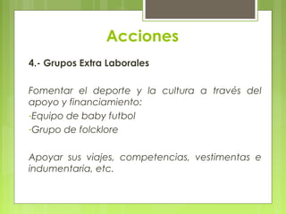 Acciones
4.- Grupos Extra Laborales
Fomentar el deporte y la cultura a través del
apoyo y financiamiento:
-Equipo de baby futbol
-Grupo de folcklore
Apoyar sus viajes, competencias, vestimentas e
indumentaria, etc.
 
