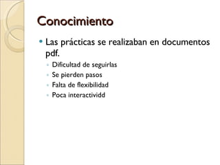 Conocimiento Las prácticas se realizaban en documentos pdf. Dificultad de seguirlas Se pierden pasos Falta de flexibilidad Poca interactividd 