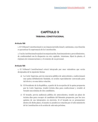 Propuesta Constitución Política de la República de Chile 123
CAPÍTULO X
TRIBUNAL CONSTITUCIONAL
Artículo 168
1. El Tribunal Constitucional es un órgano jurisdiccional y autónomo, cuya función
es garantizar la supremacía de la Constitución.
2.Unaleyinstitucionalregularásuorganización,funcionamientoyprocedimientos,
de conformidad con lo dispuesto en este capítulo. Asimismo, fijará la planta, el
régimen de remuneraciones y el estatuto de su personal.
Artículo 169
1. El Tribunal Constitucional estará integrado por once miembros que serán
designados de la siguiente forma:
a) La Corte Suprema, previo concurso público de antecedentes, confeccionará
una quina debidamente fundada, en sesión especialmente convocada para
tal efecto y en una única votación.
b) El Presidente de la República, a partir de la recepción de la quina propuesta
por la Corte Suprema, tendrá treinta días para confeccionar y remitir al
Senado una nómina de dos candidatos.
c) El Senado, previa audiencia pública de antecedentes, tendrá un plazo de
treinta días para escoger al candidato del binomio propuesto, por los tres
quintos de sus integrantes en ejercicio. Si el Senado no se pronunciare
dentro de dicho plazo, el asunto se pondrá en votación por el solo ministerio
de la Constitución en la sesión de sala más próxima.
 