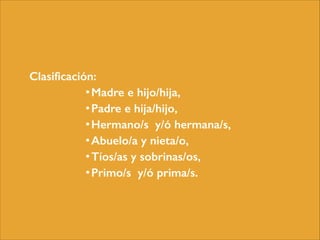 Clasificación:
•Madre e hijo/hija,
•Padre e hija/hijo,
•Hermano/s y/ó hermana/s,
•Abuelo/a y nieta/o,
•Tíos/as y sobrinas/os,
•Primo/s y/ó prima/s.
 