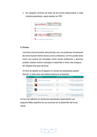 16
 Se cargarán archivos de texto de los temas relacionados a cada
módulo presentado, estos estarán en PDF.
9.2Foros.
Los foros (Comunicación asincrónica): son una poderosa herramienta
de comunicación dentro de los cursos a distancia. Un foro puede verse
como una pizarra de mensajes online donde profesores y alumnos
pueden colocar nuevos mensajes o responder a otros más antiguos.
Se utilizará dos tipos de foros:
Un foro de debate es el espacio en donde los estudiantes podrán
discutir un tema que será determinado por el docente.
Un foro de reflexión en donde los estudiantes responderán una
pregunta Meta cognitiva de sus avances en el desarrollo del curso
virtual
 