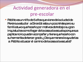 Actividad generadora en el  pre-escolar Pablito es un niño de 5 años que viene de la ciudad de Pereira a estudiar  a Girardot esta un poco triste pero su familia tuvo que hacerlo por motivos de trabajo su gran inquietud es como llegar de la casa a la escuela porque sus papitos no lo pueden acompañar y tiene que hacerlo con su hermanita de tercer grado ¿ De que manera le ayudarías  a  Pablito a buscar el camino de la casa a la escuela? 