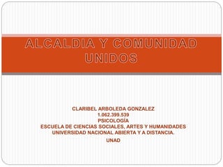 CLARIBEL ARBOLEDA GONZALEZ
1.062.399.539
PSICOLOGÍA
ESCUELA DE CIENCIAS SOCIALES, ARTES Y HUMANIDADES
UNIVERSIDAD NACIONAL ABIERTA Y A DISTANCIA.
UNAD
 