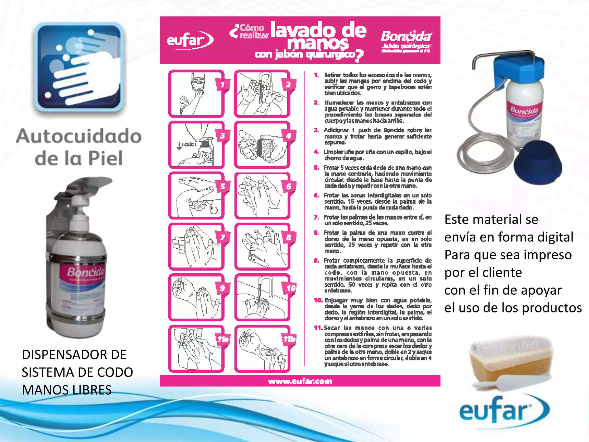 Este material se
envía en forma digital
Para que sea impreso
por el cliente
con el fin de apoyar
el uso de los productos
DISPENSADOR DE
SISTEMA DE CODO
MANOS LIBRES
 