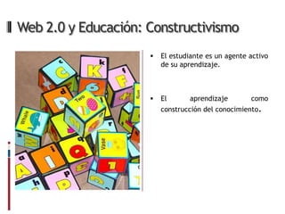 Web 2.0 y Educación: Constructivismo
                        El estudiante es un agente activo
                         de su aprendizaje.



                        El      aprendizaje        como
                         construcción del conocimiento.
 