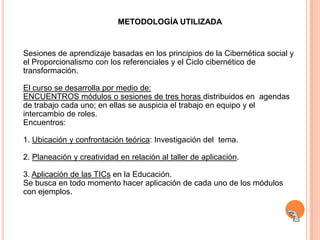 METODOLOGÍA UTILIZADA


Sesiones de aprendizaje basadas en los principios de la Cibernética social y
el Proporcionalismo con los referenciales y el Ciclo cibernético de
transformación.

El curso se desarrolla por medio de:
ENCUENTROS módulos o sesiones de tres horas distribuidos en agendas
de trabajo cada uno; en ellas se auspicia el trabajo en equipo y el
intercambio de roles.
Encuentros:

1. Ubicación y confrontación teórica: Investigación del tema.

2. Planeación y creatividad en relación al taller de aplicación.

3. Aplicación de las TICs en la Educación.
Se busca en todo momento hacer aplicación de cada uno de los módulos
con ejemplos.
 