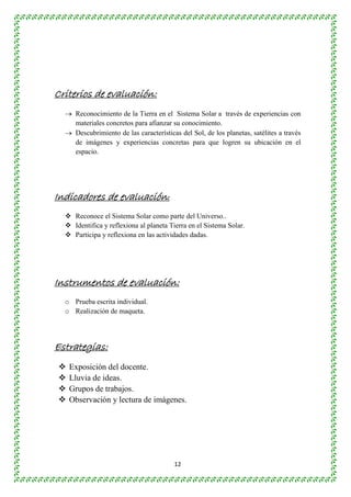 12 
Criterios de evaluación: 
 Reconocimiento de la Tierra en el Sistema Solar a través de experiencias con 
materiales concretos para afianzar su conocimiento. 
 Descubrimiento de las características del Sol, de los planetas, satélites a través 
de imágenes y experiencias concretas para que logren su ubicación en el 
espacio. 
Indicadores de evaluación: 
 Reconoce el Sistema Solar como parte del Universo.. 
 Identifica y reflexiona al planeta Tierra en el Sistema Solar. 
 Participa y reflexiona en las actividades dadas. 
Instrumentos de evaluación: 
o Prueba escrita individual. 
o Realización de maqueta. 
Estrategias: 
 Exposición del docente. 
 Lluvia de ideas. 
 Grupos de trabajos. 
 Observación y lectura de imágenes. 
 