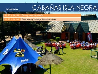 DOMINGO

CABAÑAS ISLA NEGRA

11 :00 – 14 :00

Desayuno a la cabaña.

11 :00 – 14 :00

Check out y entrega llaves cabañas.

 