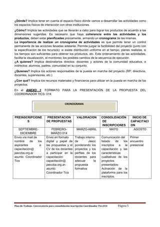 ¿Dónde? Implica tener en cuenta el espacio físico dónde vamos a desarrollar las actividades como
los espacios físicos de interacción con otras instituciones.
¿Cómo? Implica las actividades que se llevarán a cabo para lograr los productos de acuerdo a las
dimensiones sugeridas. Es necesario que haya coherencia entre las actividades y los
productos, deben estar planificadas previamente, armando un cronograma de las mismas.
La importancia de realizar un cronograma de actividades es que permite tener un control
permanente de las acciones llevadas adelante. Permite juzgar la factibilidad del proyecto (junto con
la especificación de los recursos): si existe distribución uniforme en el tiempo, planes realistas, si
los tiempos son suficientes para obtener los productos, etc. Este ordenamiento de las actividades,
facilita la visualización, el monitoreo, los posibles cambios de la secuencia de ejecución.
¿A quienes? Implica destinatarios directos: docentes y actores de la comunidad educativa, e
indirectos: alumnos, padres, comunidad en su conjunto.
¿Quienes? Implica los actores responsables de la puesta en marcha del proyecto (RP, directivos,
docentes, supervisores, etc.)
¿Con qué? Implica los recursos materiales y financieros para utilizar en la puesta en marcha de los
proyectos.
En el ANEXO 1: FORMATO PARA LA PRESENTACIÓN DE LA PROPUESTA DEL
COORDINADOR TICS- 014.
CRONOGRAMA

PREINSCRIPCIONE
S

PRESENTACION
DE PROPUESTAS

VALORACION

SEPTIEMBREDICIEMBRE
Envio vía mail de
nombre
de
los
aspirantes
a:
capacitación@
jaeccba.org.ar
asunto: Coordinador
Tics

FEBREROMARZO 014
Envio en formato
digital y papel de
las propuestas y el
CV de los docentes
a participar en la
capacitación:
capacitación@
jaeccba.org.arasunto:
Coordinador Tics

MARZO-ABRIL
Trabajo interno
de
Jaecc
ponderando los
proyectos y los
perfiles de los
docentes para
adecuar
la
propuesta
formativa

CONSOLIDACIÓN
DE
INSCRIPCIONES
MAYO

INICIO DE
CAPACITACI
ON
AGOSTO

Comunicación del
Primer
listado
de
los encuentro
inscriptos
a
la presencial
capacitación y las
características
cualitativas de los
proyectos
presentadosActivación de la
plataforma para los
inscriptos.

Plan de Trabajo- Convocatoria para consolidación inscripción Coordinador Tics 014

Página 5

 