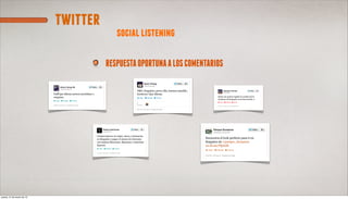 twitter
                                         social listening

                                      RESPUESTA OPORTUNA A LOS COMENTARIOS




jueves, 21 de marzo de 13
 