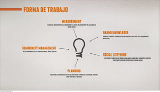 forma de trabajo
                                                                                         measurement
                                                                  se mide el crecimiento de la comunidad y el nivel de engagement de la marca en
                                                                                                   social media


                                                                                                                                                     brand knowledge
                                                                                                                                                     conocer la marca, segmentación de mercado, objetivos, key performance
                                                                                                                                                     indicators,




                            community management
                            se da seguimiento a las conversaciones, dudas, quejas

                                                                                                                                                     SOCIAL LISTENING
                                                                                                                                                       NOS PERMITE SABER LO QUE DICEN DE UNA MARCA, INDUSTRIA, PRODUCTO O SERVICIO,
                                                                                                                                                                    PARA PODER EJECUTAR ESTRATEGIAS EN SOCIAL MEDIA




                                                                                                  planning
                                                                       hacer una calendarización de los contenidos, productos, servicios, eventos,
                                                                                               joint ventures y noticias




jueves, 21 de marzo de 13
 