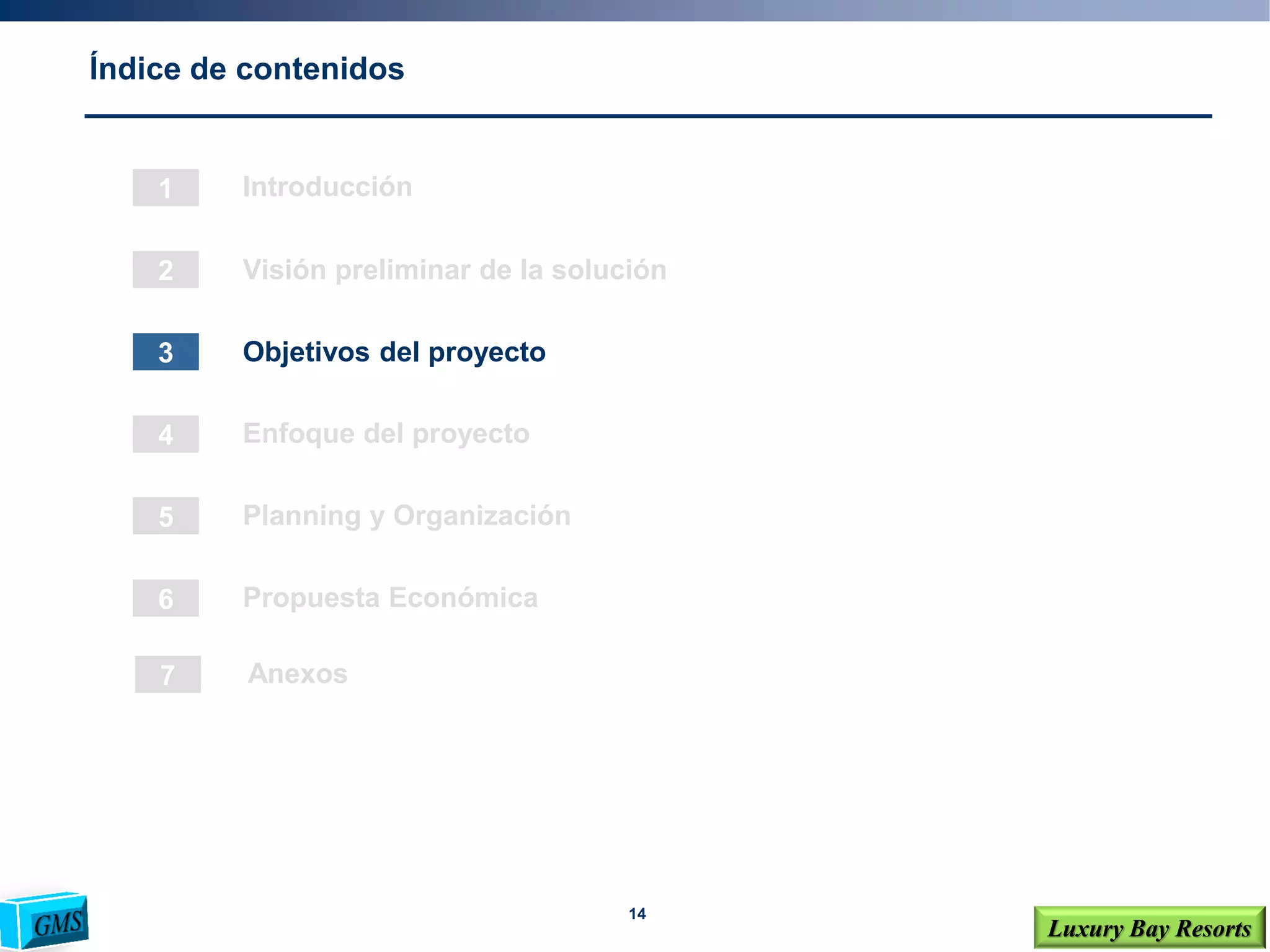 14
Luxury Bay Resorts
Índice de contenidos
1
2
3
4
6
5
Visión preliminar de la solución
Objetivos del proyecto
Enfoque del proyecto
Planning y Organización
Propuesta Económica
Introducción
7 Anexos
 