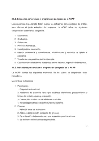 3.8.2. Categorías para evaluar el programa de postgrado de la ACAP

Los programas de postgrado deben evaluar las categorías como unidades de análisis
para efectuar el juicio valorativo del programa. La ACAP define las siguientes
categorías de observancia obligatoria.

   1. Estudiantes.
   2. Graduados.
   3. Profesores.
   4. Procesos formativos.
   5. Investigación e innovación.
   6. Gestión académica y administrativa, infraestructura y recursos de apoyo al
      programa.
   7. Vinculación, proyección e incidencia social.
   8. Colaboración e intercambio académico a nivel nacional, regional e internacional.

3.8.3. Indicadores para evaluar el programa de postgrado de la ACAP

La ACAP plantea los siguientes momentos de los cuales se desprenden estos
indicadores:

Momentos e Indicadores

   1. Planificación
      1. Diagnóstico situacional.
      2. Presencia de evidencia física que establece intenciones, procedimientos y
      formas de revisión, ajuste y evaluación.
      3. Orienta para la toma de decisiones en la acción.
      4. Indica responsables en la estructura del programa.
   2. Proceso
      1. Relación entre las actividades
      2. Acciones para revisión constante del proceso.
      3. Especificación de las acciones y sus propósitos para los actores.
      4. Se definen e identifican los responsables.


                                                                                    12
 