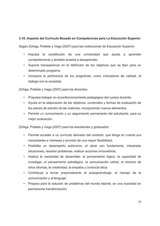 3.18. Impacto del Currículo Basado en Competencias para La Educación Superior

Según Zúñiga, Poblete y Vega (2007) para las instituciones de Educación Superior:

   •   Impulsa   la   constitución   de   una   universidad   que    ayuda   a   aprender
       constantemente y también enseña a desaprender.
   •   Supone transparencia en la definición de los objetivos que se fijan para un
       determinado programa.
   •   Incorpora la pertinencia de los programas, como indicadores de calidad, el
       dialogo con la sociedad.

Zúñiga, Poblete y Vega (2007) para los docentes:

   •   Propulsa trabajar en el perfeccionamiento pedagógico del cuerpo docente.
   •   Ayuda en la elaboración de los objetivos, contenidos y formas de evaluación de
       los planes de estudio de las materias, incorporando nuevos elementos.
   •   Permite un conocimiento y un seguimiento permanente del estudiante, para su
       mejor evaluación.

Zúñiga, Poblete y Vega (2007) para los estudiantes y graduados:

   •   Permite acceder a un currículo derivado del contexto, que tenga en cuenta sus
       necesidades e intereses y provisto de una mayor flexibilidad.
   •   Posibilita un desempeño autónomo, el obrar con fundamento, interpretar
       situaciones, resolver problemas, realizar acciones innovadoras.
   •   Implica la necesidad de desarrollar: el pensamiento lógico, la capacidad de
       investigar, el pensamiento estratégico, la comunicación verbal, el dominio de
       otros idiomas, la creatividad, la empatía y conducta ética.
   •   Contribuye a tornar preponderante el autoaprendizaje, el manejo de la
       comunicación y el lenguaje.
   •   Prepara para la solución de problemas del mundo laboral, en una sociedad en
       permanente transformación.



                                                                                       24
 
