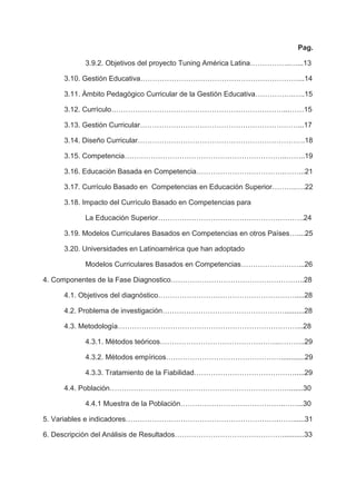 Pag.

           3.9.2. Objetivos del proyecto Tuning América Latina……………..…...13

     3.10. Gestión Educativa…………………………………………………………...14

     3.11. Ámbito Pedagógico Curricular de la Gestión Educativa…………….…..15

     3.12. Currículo………………………………………………………………...……15

     3.13. Gestión Curricular…………………………………………………………...17

     3.14. Diseño Curricular…………………………………………………………….18

     3.15. Competencia…………………………………………………………..……..19

     3.16. Educación Basada en Competencia……………………………….……...21

     3.17. Currículo Basado en Competencias en Educación Superior……….….22

     3.18. Impacto del Currículo Basado en Competencias para

           La Educación Superior…………………………………………………….24

     3.19. Modelos Curriculares Basados en Competencias en otros Países…....25

     3.20. Universidades en Latinoamérica que han adoptado

           Modelos Curriculares Basados en Competencias……………………...26

4. Componentes de la Fase Diagnostico………………………………………………..28

     4.1. Objetivos del diagnóstico………………………………………………….....28

     4.2. Problema de investigación……………………………………………..........28

     4.3. Metodología…………………………………………………………………...28

           4.3.1. Métodos teóricos…………………………………………..………..29

           4.3.2. Métodos empíricos…………………………………………............29

           4.3.3. Tratamiento de la Fiabilidad…………………………………….....29

     4.4. Población………………………………………………………………….......30

           4.4.1 Muestra de la Población…………………………………….……...30

5. Variables e indicadores……………………………………………………….……......31

6. Descripción del Análisis de Resultados………………………………………...........33
 