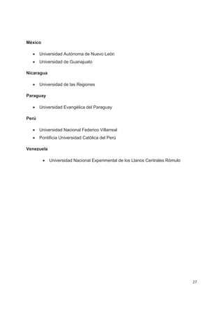México

  x    Universidad Autónoma de Nuevo León
  x    Universidad de Guanajuato

Nicaragua

  x    Universidad de las Regiones

Paraguay

  x    Universidad Evangélica del Paraguay

Perú

  x    Universidad Nacional Federico Villarreal
  x    Pontificia Universidad Católica del Perú

Venezuela

         x   Universidad Nacional Experimental de los Llanos Centrales Rómulo




                                                                                27
 