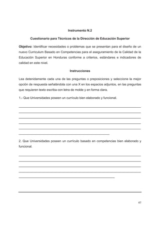 Instrumento N.2

        Cuestionario para Técnicos de la Dirección de Educación Superior

Objetivo: Identificar necesidades o problemas que se presentan para el diseño de un
nuevo Curriculum Basado en Competencias para el aseguramiento de la Calidad de la
Educación Superior en Honduras conforme a criterios, estándares e indicadores de
calidad en este nivel.

                                    Instrucciones

Lea detenidamente cada una de las preguntas o preposiciones y seleccione la mejor
opción de respuesta señalándola con una X en los espacios adjuntos, en las preguntas
que requieren texto escriba con letra de molde y en forma clara.

1.- Que Universidades poseen un currículo bien elaborado y funcional.

______________________________________________________________________
______________________________________________________________________
______________________________________________________________________
______________________________________________________________________
______________________________________________________________________
____________________________________________________

2. Que Universidades poseen un currículo basado en competencias bien elaborado y
funcional.

______________________________________________________________________
______________________________________________________________________
______________________________________________________________________
______________________________________________________________________
_______________________________________________________




                                                                                 47
 