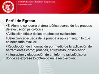 Perfil de Egreso.
El Alumno conocerá el área teórica acerca de las pruebas
de evaluación psicológica.
Aplicación eficaz de las pruebas de evaluación.
Selección adecuada de la prueba a aplicar, según lo que
es necesario evaluar.
Recolección de información por medio de la aplicación de
herramientas como; pruebas, entrevistas, observación.
Integración y elaboración de un informe psicológico en
donde se exprese lo obtenido en la recolección.
Unidad 4: Educación Basada en Competencias.
Propuesta Curricular.
 