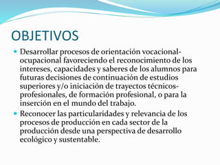 OBJETIVOS 
 Desarrollar procesos de orientación vocacional-ocupacional 
favoreciendo el reconocimiento de los 
intereses, capacidades y saberes de los alumnos para 
futuras decisiones de continuación de estudios 
superiores y/o iniciación de trayectos técnicos-profesionales, 
de formación profesional, o para la 
inserción en el mundo del trabajo. 
 Reconocer las particularidades y relevancia de los 
procesos de producción en cada sector de la 
producción desde una perspectiva de desarrollo 
ecológico y sustentable. 
 