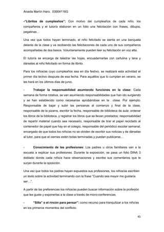 Anaida Martín Haro. 03904116G
45
-“Libritos de cumpleaños”: Con motivo del cumpleaños de cada niño, los
compañeros y el tutor/a elaboran en un folio una felicitación con frases, dibujos,
pegatinas…
Una vez que todos hayan terminado, el niño felicitado se sienta en una banqueta
delante de la clase y va recibiendo las felicitaciones de cada uno de sus compañeros
acompañadas de dos besos. Voluntariamente pueden leer su felicitación en voz alta.
El tutor/a se encarga de taladrar las hojas, encuadernarlas con cartulina y lana y
dárselas al niño felicitado en forma de librito.
Para los niños/as cuyo cumpleaños sea en día festivo, se realizará esta actividad el
primer día lectivo después de esa fecha. Para aquéllos que lo cumplan en verano, se
les hará en los últimos días de junio.
- Trabajar la responsabilidad asumiendo funciones en la clase: Cada
semana de forma rotativa, se van asumiendo responsabilidades que han ido surgiendo
y se han establecido como necesarias aprobándose en la clase. Por ejemplo:
Responsable de bajar y subir las persianas al comienzo y final de la clase,
responsable de la pizarra, escribir la fecha, responsable de biblioteca de aula: ordenar
los libros de la biblioteca, y registrar los libros que se llevan prestados; responsabilidad
de repartir material cuando sea necesario, responsable de tirar el papel reciclado al
contenedor de papel que hay en el colegio, responsable del periódico escolar semanal,
encargado de que todos los niño/as no se olviden de escribir sus noticias y de dárselas
al tutor, para que el viernes estén todas terminadas y puedan publicarse…
- Conocimiento de las profesiones: Los padres u otros familiares van a la
escuela a explicar sus profesiones. Durante la exposición, se pasa un folio DINA 3
doblado donde cada niño/a hace observaciones y escribe sus comentarios que le
surjan durante la oposición.
Una vez que todos los padres hayan expuestos sus profesiones, los niños/as escriben
un texto sobre la actividad terminando con la frase “Cuando sea mayor me gustaría
ser…”.
A partir de las preferencias los niños/as pueden buscar información sobre la profesión
que les guste y exponerlas a la clase a través de micro-conferencias.
- “Silla” o el rincón para pensar”: como recurso para tranquilizar a los niño/as
en los primeros momentos del conflicto.
 