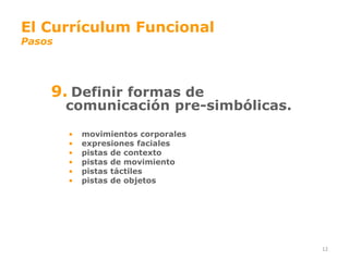 El Currículum Funcional
Pasos




    9. Definir formas de
        comunicación pre-simbólicas.
        •   movimientos corporales
        •   expresiones faciales
        •   pistas de contexto
        •   pistas de movimiento
        •   pistas táctiles
        •   pistas de objetos




                                       12
 