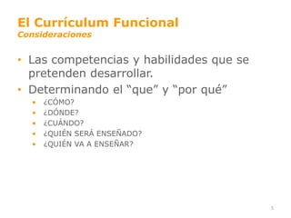 El Currículum Funcional
Consideraciones


• Las competencias y habilidades que se
  pretenden desarrollar.
• Determinando el “que” y “por qué”
  •   ¿CÓMO?
  •   ¿DÓNDE?
  •   ¿CUÁNDO?
  •   ¿QUIÉN SERÁ ENSEÑADO?
  •   ¿QUIÉN VA A ENSEÑAR?




                                          5
 