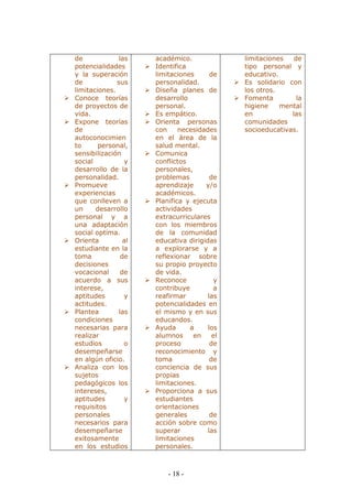 - 18 - 
de las potencialidades y la superación de sus limitaciones. 
 Conoce teorías de proyectos de vida. 
 Expone teorías de autoconocimiento personal, sensibilización social y desarrollo de la personalidad. 
 Promueve experiencias que conlleven a un desarrollo personal y a una adaptación social optima. 
 Orienta al estudiante en la toma de decisiones vocacional de acuerdo a sus interese, aptitudes y actitudes. 
 Plantea las condiciones necesarias para realizar estudios o desempeñarse en algún oficio. 
 Analiza con los sujetos pedagógicos los intereses, aptitudes y requisitos personales necesarios para desempeñarse exitosamente en los estudios 
académico. 
 Identifica limitaciones de personalidad. 
 Diseña planes de desarrollo personal. 
 Es empático. 
 Orienta personas con necesidades en el área de la salud mental. 
 Comunica conflictos personales, problemas de aprendizaje y/o académicos. 
 Planifica y ejecuta actividades extracurriculares con los miembros de la comunidad educativa dirigidas a explorarse y a reflexionar sobre su propio proyecto de vida. 
 Reconoce y contribuye a reafirmar las potencialidades en el mismo y en sus educandos. 
 Ayuda a los alumnos en el proceso de reconocimiento y toma de conciencia de sus propias limitaciones. 
 Proporciona a sus estudiantes orientaciones generales de acción sobre como superar las limitaciones personales. 
limitaciones de tipo personal y educativo. 
 Es solidario con los otros. 
 Fomenta la higiene mental en las comunidades socioeducativas. 
 
