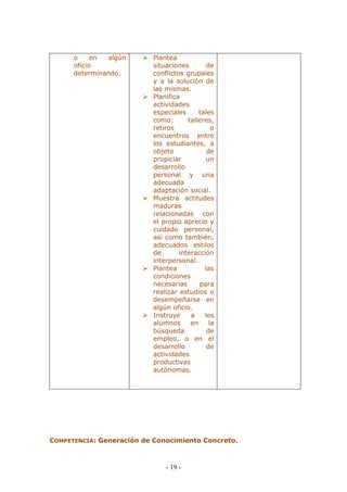- 19 - 
o en algún oficio determinando. 
 Plantea situaciones de conflictos grupales y a la solución de las mismas. 
 Planifica actividades especiales tales como: talleres, retiros o encuentros entre los estudiantes, a objeto de propiciar un desarrollo personal y una adecuada adaptación social. 
 Muestra actitudes maduras relacionadas con el propio aprecio y cuidado personal, así como también, adecuados estilos de interacción interpersonal. 
 Plantea las condiciones necesarias para realizar estudios o desempeñarse en algún oficio. 
 Instruye a los alumnos en la búsqueda de empleo, o en el desarrollo de actividades productivas autónomas. 
COMPETENCIA: Generación de Conocimiento Concreto.  