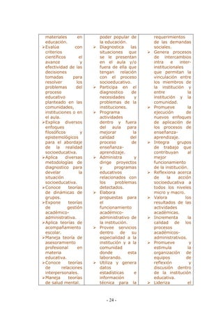 - 24 - 
materiales en educación. 
 Evalúa con criterios científicos el avance y efectividad de las decisiones tomadas para resolver los problemas del proceso educativo planteado en las comunidades, instituciones o en el aula. 
 Explica diversos enfoques filosóficos y epistemológicos para el abordaje de la realidad socioeducativa. 
 Aplica diversas metodologías de diagnostico para develar la situación socioeducativa. 
 Conoce teorías de dinámicas de grupos. 
 Expone teorías de gestión académico- administrativa. 
 Aplica teorías de acompañamiento escolar. 
 Maneja teoría de asesoramiento profesional en materia educativa. 
 Conoce teorías de relaciones interpersonales. 
 Maneja teorías de salud mental. 
poder popular de la educación. 
 Diagnostica las situaciones que se le presentan en el aula y/o fuera de ella que tengan relación con el proceso socioeducativo. 
 Participa en el diagnostico de necesidades y problemas de la instituciones. 
 Programa actividades dentro y fuera del aula para mejorar la calidad del proceso de enseñanza- aprendizaje. 
 Administra y dirige proyectos y programas educativos relacionados con los problemas detectados. 
 Elabora propuestas para el funcionamiento académico- administrativo de la institución. 
 Provee servicios dentro de su especialidad a la institución y a la comunidad donde esta laborando. 
 Utiliza y genera datos estadísticas e información técnica para la 
requerimientos de las demandas sociales. 
 Genera procesos de intercambios intra e inter- institucionales que permitan la vinculación entre los miembros de la institución y entre la institución y la comunidad. 
 Promueve la ejecución de nuevos enfoques de aplicación de los procesos de enseñanza- aprendizaje. 
 Integra grupos de trabajo que contribuyan al mejor funcionamiento de la institución. 
 Reflexiona acerca de la acción socioeducativa a todos los niveles micro y macro. 
 Valora los resultados de las actividades académicas. 
 Incrementa la calidad de los procesos académicos- administrativos. 
 Promueve y estimula la organización de equipos de reflexión y discusión dentro de la institución educativa. 
 Lideriza el  