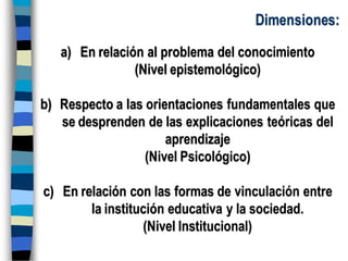 Dimensiones:
a) En relación al problema del conocimiento
(Nivel epistemológico)
b) Respecto a las orientaciones fundamentales que
se desprenden de las explicaciones teóricas del
aprendizaje
(Nivel Psicológico)
c) En relación con las formas de vinculación entre
la institución educativa y la sociedad.
(Nivel Institucional)
 