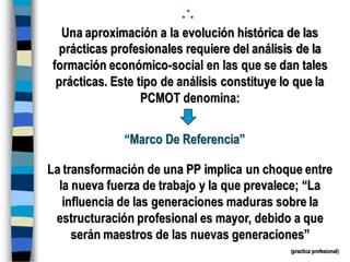Una aproximación a la evolución histórica de las
prácticas profesionales requiere del análisis de la
formación económico-social en las que se dan tales
prácticas. Este tipo de análisis constituye lo que la
PCMOT denomina:
“Marco De Referencia”
La transformación de una PP implica un choque entre
la nueva fuerza de trabajo y la que prevalece; “La
influencia de las generaciones maduras sobre la
estructuración profesional es mayor, debido a que
serán maestros de las nuevas generaciones”
(practica profesional)
 