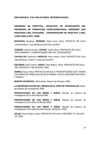 BIBLIOGRAFIA (FALTAN AUTORES REFERENCIADOS)



INFORMES     DE   PRACTICA,     COLECTIVO     DE   ESTUDIANTES    DEL
PROGRAMA DE FORMACION COMPLEMENTARIA, ASESORES (AS)
MAESTRAS (OS) TITULARES, COORDINACION DE PRACTICA 2.004,
2.005,2006,2.007, 2008.

BASTIDAS; Rucsana. RENDON; Diana lucia. Otros. POYECTO DE AULA
“CONOCIENDO Y VALORANDO NUESTRO CUERPO”

CEDEÑO; Jessica Viviana. TOVAR; Yisela. Otros. PROYECTO DE AULA
“EXPLORANDO Y COMPARTIENDO ME VOY CONOCIENDO”

CASTRILLON; Gejohanna. MORALES; María Helena. Otros. PROYECTO DE AULA
“RECONOZCO, CUIDO Y CUIDO MI CUERPO”

ESCOBAR; Kerly Yolima. ARIAS; Clara Milena. Otros. PROYECTO DE AULA
“ME CONOZCO Y ME QUIERO”.2009

GOMEZ; Rosa. Otros. PROYECTO DE AULA “PERCEPCIONES QUE TIENEN
LOS NIÑOS DE PREESCOLAR DE SI MISMO Y DE SU ENTORNO NATURAL
Y SOCIAL”

MARTÍN CIFUENTES, Gloria Ester. Modulo de Practica, 2008.

LA REPRESENTACIÓN DEL MUNDO EN EL NIÑO DE PREESCOLAR, Modo
de práctica de investigación 2006

PERCEPCIONES DE LOS NIÑOS Y NIÑAS, Modulo de práctica de
investigación de la sede Normal 2008.

PERCEPCIONES DE LOS NIÑOS Y NIÑAS, Modulo de práctica de
investigación de la sede Las Brisas 2008.

PERCEPCIONES DE LOS NIÑOS Y NIÑAS, Modulo de práctica de
investigación de la sede Escuela Popular Claretiana 2008.

VELEZ; Elver Fabián y otros, PROYECTO DE AULA “ASI ERES TU, ASI SOY
YO”.2009




                                                                   46
 