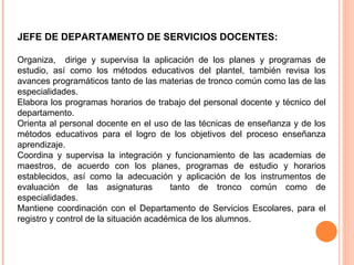 JEFE DE DEPARTAMENTO DE SERVICIOS DOCENTES:  Organiza,  dirige y supervisa la aplicación de los planes y programas de estudio, así como los métodos educativos del plantel, también revisa los avances programáticos tanto de las materias de tronco común como las de las especialidades.  Elabora los programas horarios de trabajo del personal docente y técnico del departamento.  Orienta al personal docente en el uso de las técnicas de enseñanza y de los métodos educativos para el logro de los objetivos del proceso enseñanza aprendizaje.  Coordina y supervisa la integración y funcionamiento de las academias de maestros, de acuerdo con los planes, programas de estudio y horarios establecidos, así como la adecuación y aplicación de los instrumentos de evaluación de las asignaturas  tanto de tronco común como de especialidades. Mantiene coordinación con el Departamento de Servicios Escolares, para el registro y control de la situación académica de los alumnos. 