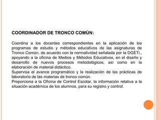 COORDINADOR DE TRONCO COMÚN:  Coordina a los docentes correspondientes en la aplicación de los programas de estudio y métodos educativos de las asignaturas de Tronco Común, de acuerdo con la normatividad señalada por la DGETi., apoyando a la oficina de Medios y Métodos Educativos, en el diseño y desarrollo de nuevos procesos metodológicos, así como en la elaboración de material didáctico.  Supervisa el avance programático y la realización de las prácticas de laboratorio de las materias de tronco común.  Proporciona a la Oficina de Control Escolar, la información relativa a la situación académica de los alumnos, para su registro y control. 