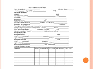ENCUESTA SOCIOECONÓMICA Fecha de aplicación_____________________  ESPACIO Grupo_________  Turno_______  Especialidad__________________  FOTO DATOS DEL ALUMNO NOMBRE___________________________________________________EDAD__________ FECHA DE NACIMIENTO_______________________________________ SEXO__________ DOMICILIO_________________________________________________________________ MUNICIPIO___________________________________C.P___________________________ TELÉFONO DE CASA__________________________ CEL:____________________________ TELÉFONO DE UN FAMILIAR______________ CORREO ELECTRÓNICO___________________ Secundaria de procedencia__________________________________________Promedio_____ Para ingresar al bachillerato, tu primera opción fue____________________________________ ¿Por qué elegiste ingresar a nuestro plantel?  Amigos___________ Padres_______________ Gusto por la especialidad____________ Gusto por la escuela_________ Otros______________ ¿Cómo te trasladas al plantel?_________________ ¿Cuánto tiempo te lleva?_______________ DATOS FAMILIARES Nombre del padre______________________________________________Edad____________ ¿vive?______escolaridad____________________ocupación____________________________ Lugar de trabajo____________________________________ teléfono ____________________ Nombre de la madre___________________________________________ Edad_____________ ¿vive?______escolaridad___________________ocupación_____________________________ Lugar de trabajo___________________________________ teléfono_____________________ Relación legal de los padres____________________ ¿con quién vives?____________________ Personas que viven contigo NOMBRE EDAD PARENTESCO ESTUDIOS OCUPACIÓN EDO. CIVIL 