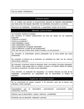Tipo de método: Predinámico 
4 Entrevista laboral 
Es un método que permite el reconocimiento personal de distintas potencialidades 
que hasta ahora han logrado desarrollar los estudiantes de acuerdo a su carrera. 
Reconocer las habilidades, competencias y capacidades propias de la carrera. 
Momentos ¿Cómo se hace? 
1er momento: sentarse en parejas 
2do momento: el maestro proporcionará una hora por pareja con las siguientes 
preguntas: 
¿Cuál es su nombre? 
¿Cuál es su profesión? 
¿Qué habilidades posee? 
¿Qué capacidades posee? 
¿Qué competencias ha logrado desarrollar? 
¿Qué lo diferencia a usted de otro profesionista? 
¿Por qué cree que merece tener usted el empleo y no otra persona? 
3er momento: el entrevistador (primer participante con la hora) tendrá que hacer 
anotaciones 
4to momento: el término de la entrevista, se cambiarán los roles con las mismas 
instrucciones anteriores. 
5to momento: al terminar ambos la entrevista harán una síntesis de ambas respuestas 
6to momento: cada pareja leerá su síntesis al grupo y el maestro deberá de realizar 
una lista en el pizarrón con base en las respuestas. 
7mo momento: se analizarán las respuestas y el maestro ofrecerá una lista de las 
habilidades, competencias y/o capacidades que se desarrollarán al finalizar el 
semestre. 
Sugerencias didácticas (consejos): 
No se recomienda en grupos mayores a 30 personas, para que el tiempo sea 
suficiente y todos participen 
Capacidad(es) que se desarrolla(n): automotivación, comunicación verbal, 
compromiso, escucha. 
Valor(es) que se desarrolla(n): respeto, tolerancia, sociablididad. 
Contenido que se desarrolla: integración personal 
 
