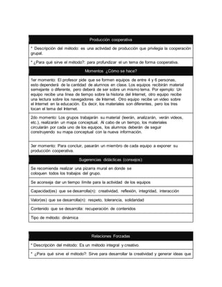 Producción cooperativa 
* Descripción del método: es una actividad de producción que privilegia la cooperación 
grupal. 
* ¿Para qué sirve el método?: para profundizar el un tema de forma cooperativa. 
Momentos ¿Cómo se hace? 
1er momento: El profesor pide que se formen equipos de entre 4 y 6 personas, 
esto dependerá de la cantidad de alumnos en clase. Los equipos recibirán material 
semejante o diferente, pero deberá de ser sobre un mismo tema. Por ejemplo: Un 
equipo recibe una línea de tiempo sobre la historia del Internet, otro equipo recibe 
una lectura sobre los navegadores de Internet. Otro equipo recibe un video sobre 
el Internet en la educación. Es decir, los materiales son diferentes, pero los tres 
tocan el tema del Internet. 
2do momento: Los grupos trabajarán su material (leerán, analizarán, verán videos, 
etc.), realizarán un mapa conceptual. Al cabo de un tiempo, los materiales 
circularán por cada uno de los equipos, los alumnos deberán de seguir 
construyendo su mapa conceptual con la nueva información. 
3er momento: Para concluir, pasarán un miembro de cada equipo a exponer su 
producción cooperativa. 
Sugerencias didácticas (consejos): 
Se recomienda realizar una pizarra mural en donde se 
coloquen todos los trabajos del grupo. 
Se aconseja dar un tiempo límite para la actividad de los equipos 
Capacidad(es) que se desarrolla(n): creatividad, reflexión, integridad, interacción 
Valor(es) que se desarrolla(n): respeto, tolerancia, solidaridad 
Contenido que se desarrolla: recuperación de contenidos 
Tipo de método: dinámica 
Relaciones Forzadas 
* Descripción del método: Es un método integral y creativo. 
* ¿Para qué sirve el método?: Sirve para desarrollar la creatividad y generar ideas que 
 