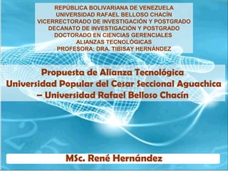 MSc. René Hernández
Propuesta de Alianza Tecnológica
Universidad Popular del Cesar Seccional Aguachica
– Universidad Rafael Belloso Chacín
REPÚBLICA BOLIVARIANA DE VENEZUELA
UNIVERSIDAD RAFAEL BELLOSO CHACÍN
VICERRECTORADO DE INVESTIGACIÓN Y POSTGRADO
DECANATO DE INVESTIGACIÓN Y POSTGRADO
DOCTORADO EN CIENCIAS GERENCIALES
ALIANZAS TECNOLÓGICAS
PROFESORA: DRA. TIBISAY HERNÁNDEZ
 