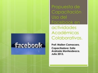 Propuesta de
Capacitación
Uso del
Facebook en
actividades
Académicas
Colaborativas.
Prof: Mailen Camacaro.
Capacitadora: Zoila
Andrade Montesdeoca.
Julio 2013.
 