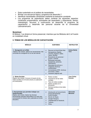 7
Estar sustentado en el análisis de necesidades.
Brindar una secuencia lógica y progresiva de desarrollo.?
Identificar necesidades cambiantes mediante la evaluación constante.
Los programas de capacitación deben contener los siguientes aspectos:
contenidos programáticos, actividades del capacitador y capacitando, tiempo,
metodología, recursos; a continuación se desarrolla el programa de
capacitación y desarrollo del personal docente de la Universidad
Latinoamericana
Modalidad:
El Módulo 1 se dictará en forma presencial, mientras que los Módulos del 2 al 9 serán
en modalidad virtual.
5. TEMAS DE LOS MÓDULOS DE CAPACITACIÓN
MÓDULO SUBTEMAS INSTRUCTOR
1. Navegación en la Web
Objetivo del módulo: Aplicar las herramientas más
conocidas de navegación en la red del internet
Recorrer la World Wide Web
Navegadores (Nightly,
Chrome, Explorer, Safari,
Opera, Mozilla)
Buscadores de personas /
grupos / noticias.
Búsqueda avanzada
(programas, personas,
información)
Descarga de archivos e
imágenes (Archivos
comprimidos)
Convertidores (PDF, Archivos
de sonido y video)
Impresión páginas web
Carlos Dávila
Toro
2. 2. Redes Sociales
Objetivo del módulo: Conocer el impacto de las
redes sociales en el mundo actual y su aplicación
en la educación.
Redes sociales
Importancia de las redes
sociales.
Tipos de redes sociales.
Redes sociales en la
Educación
Normas de ética en las redes
sociales.
Juan Carlos
Concha
3. 3. Herramientas que permiten trabajar con
Audio/Visuales
Objetivo del módulo: Aplicar las diversas
herramientas gratuitas disponibles en la web para
comunicación en tiempo real y aplicarlas al mundo
educativo.
Introducción al Conocimiento
de las Herramientas
Audio/Visuales.
Mundo de Skype.
Google+Hangout.
Videollamada en facebook.
Twitcam.
Wiziq.
Gioconda
Morocho
 
