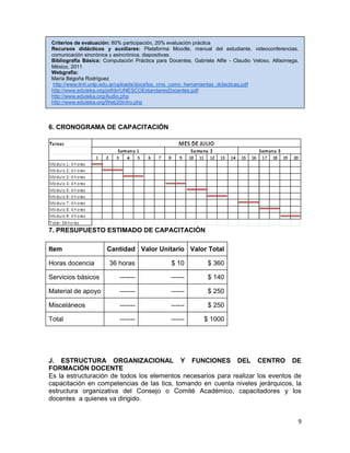9
Criterios de evaluación: 80% participación, 20% evaluación práctica
Recursos didácticos y auxiliares: Plataforma Moodle, manual del estudiante, videoconferencias,
comunicación sincrónica y asincrónica, diapositivas.
Bibliografía Básica: Computación Práctica para Docentes, Gabriela Alfie - Claudio Veloso, Alfaomega,
México, 2011
Webgrafia:
María Begoña Rodríguez
http://www.linti.unlp.edu.ar/uploads/docs/los_cms_como_herramientas_didacticas.pdf
http://www.eduteka.org/pdfdir/UNESCOEstandaresDocentes.pdf
http://www.eduteka.org/Audio.php
http://www.eduteka.org/Web20Intro.php
6. CRONOGRAMA DE CAPACITACIÓN
7. PRESUPUESTO ESTIMADO DE CAPACITACIÓN
Item Cantidad Valor Unitario Valor Total
Horas docencia 36 horas $ 10 $ 360
Servicios básicos ------- ------ $ 140
Material de apoyo ------- ------ $ 250
Misceláneos ------- ------ $ 250
Total ------- ------ $ 1000
J. ESTRUCTURA ORGANIZACIONAL Y FUNCIONES DEL CENTRO DE
FORMACIÓN DOCENTE
Es la estructuración de todos los elementos necesarios para realizar los eventos de
capacitación en competencias de las tics, tomando en cuenta niveles jerárquicos, la
estructura organizativa del Consejo o Comité Académico, capacitadores y los
docentes a quienes va dirigido.
 