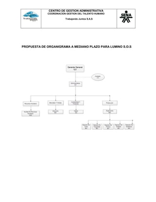 CENTRO DE GESTION ADMINISTRATIVA
COORDINACION GESTION DEL TALENTO HUMANO
Trabajando Juntos S.A.S
PROPUESTA DE ORGANIGRAMA A MEDIANO PLAZO PARA LUMINO S.O.S
 